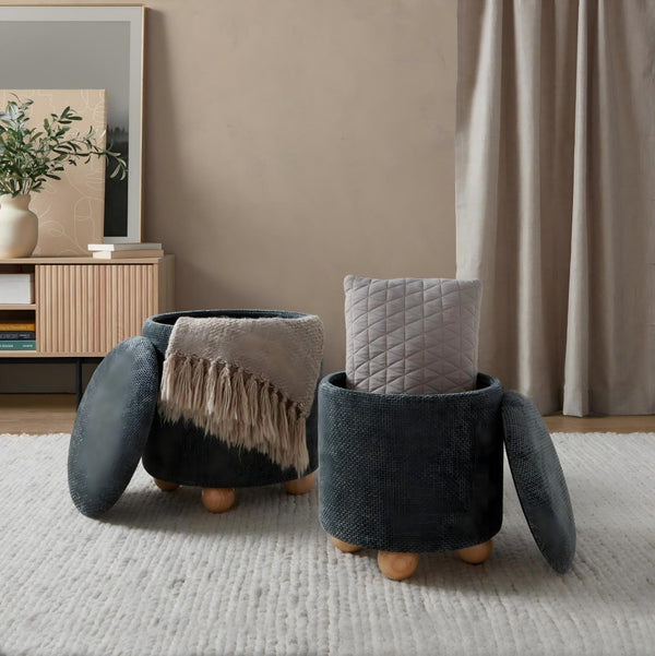 English Elm Contemporary Cube Storage Ottomans with Green Upholstery and Bun Feet Set of 2 B202P291001