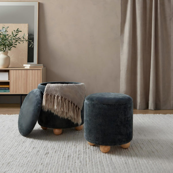 English Elm Contemporary Cube Storage Ottomans with Green Upholstery and Bun Feet Set of 2 B202P291001