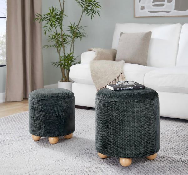 English Elm Contemporary Cube Storage Ottomans with Green Upholstery and Bun Feet Set of 2 B202P291001