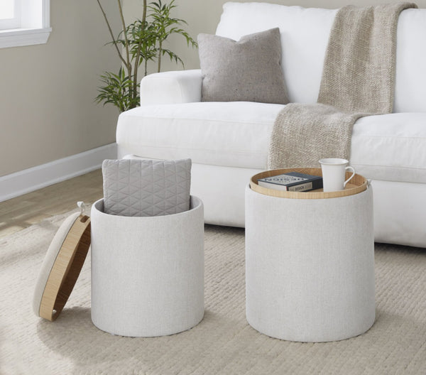 English Elm Contemporary Nesting Ottoman Duo Cream Upholstered with Warm Wood Legs Space Saving B202P291010