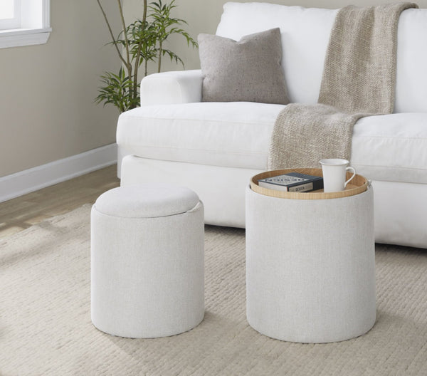 English Elm Contemporary Nesting Ottoman Duo Cream Upholstered with Warm Wood Legs Space Saving B202P291010