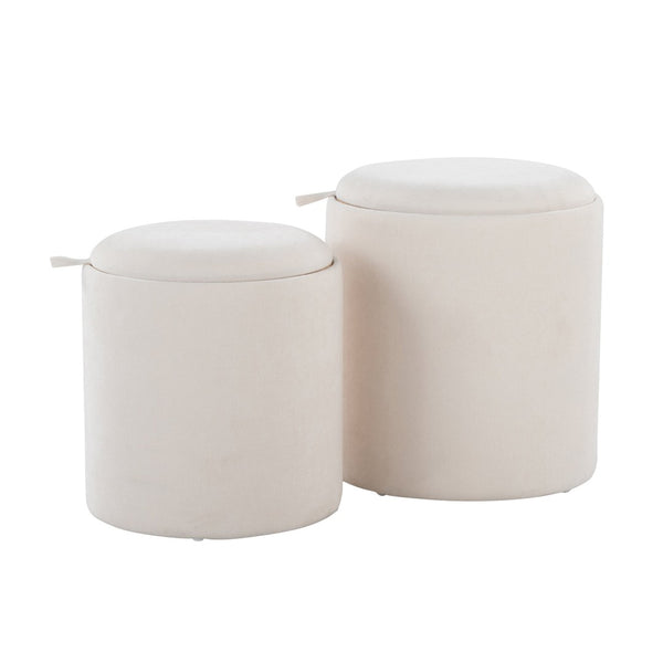 English Elm Contemporary Nesting Ottoman Duo Cream Upholstered with Warm Wood Legs Space Saving B202P291010