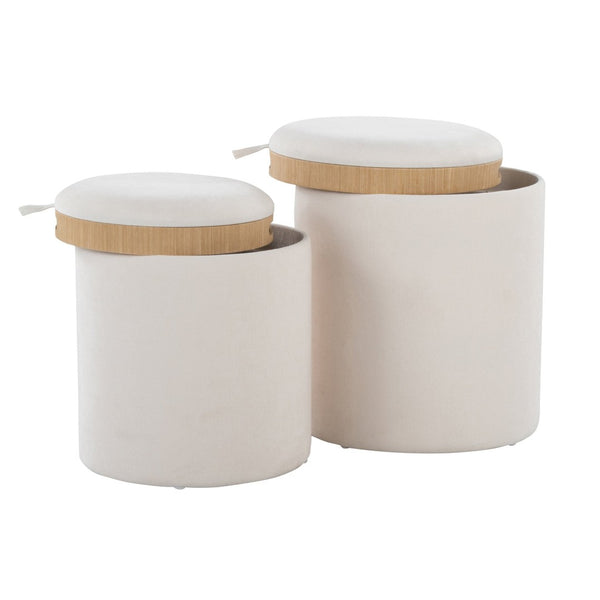 English Elm Contemporary Nesting Ottoman Duo Cream Upholstered with Warm Wood Legs Space Saving B202P291010