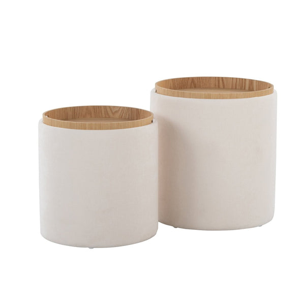 English Elm Contemporary Nesting Ottoman Duo Cream Upholstered with Warm Wood Legs Space Saving B202P291010