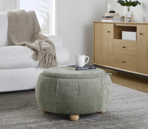 English Elm Contemporary Square Storage Ottoman with Wood Lid Green Upholstery and Bun Feet B202P291011