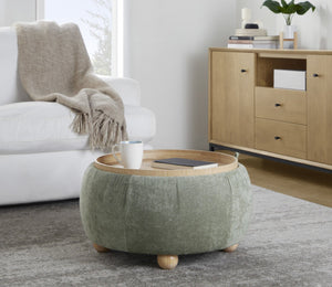 English Elm Contemporary Square Storage Ottoman with Wood Lid Green Upholstery and Bun Feet B202P291011