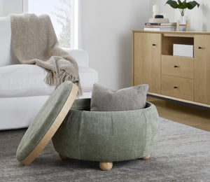 English Elm Contemporary Square Storage Ottoman with Wood Lid Green Upholstery and Bun Feet B202P291011