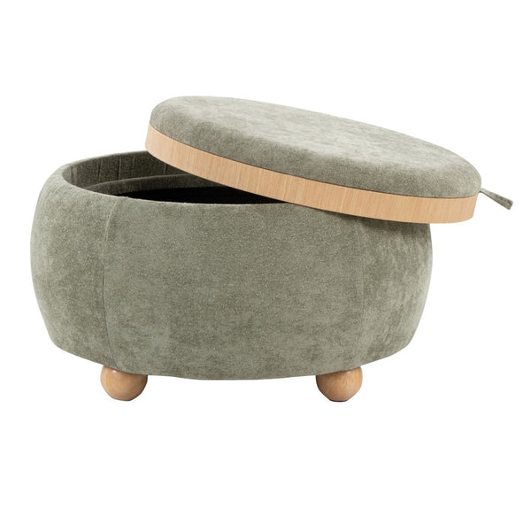 English Elm Contemporary Square Storage Ottoman with Wood Lid Green Upholstery and Bun Feet B202P291011