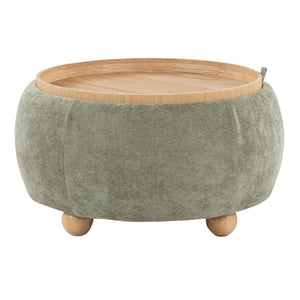 English Elm Contemporary Square Storage Ottoman with Wood Lid Green Upholstery and Bun Feet B202P291011