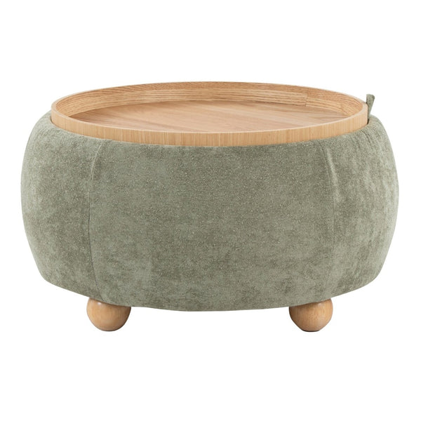 English Elm Contemporary Square Storage Ottoman with Wood Lid Green Upholstery and Bun Feet B202P291011