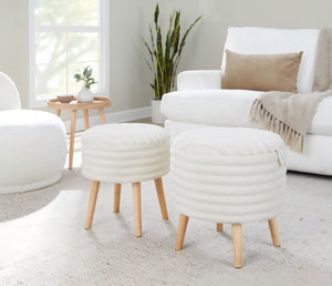 English Elm Contemporary Faux Fur Storage Ottoman Set with Wooden Legs for Living Room Decor Cream B202P291014