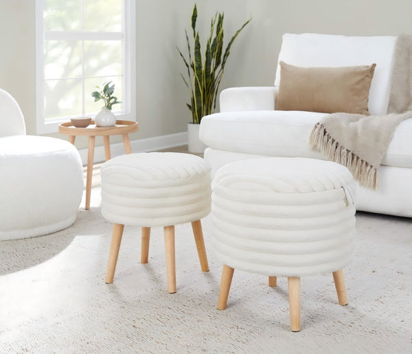 English Elm Contemporary Faux Fur Storage Ottoman Set with Wooden Legs for Living Room Decor Cream B202P291014