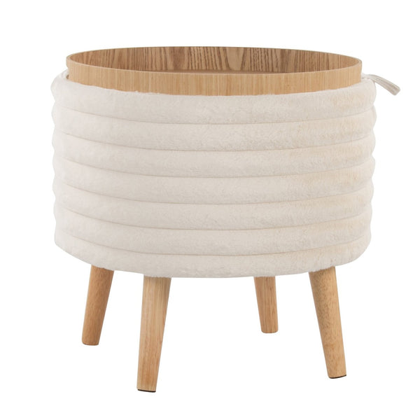 English Elm Contemporary Faux Fur Storage Ottoman Set with Wooden Legs for Living Room Decor Cream B202P291014
