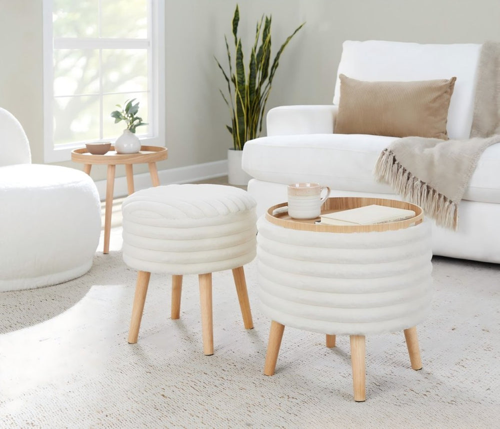 English Elm Contemporary Faux Fur Storage Ottoman Set with Wooden Legs for Living Room Decor Cream B202P291014