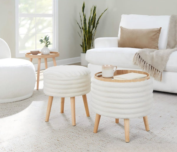 English Elm Contemporary Faux Fur Storage Ottoman Set with Wooden Legs for Living Room Decor Cream B202P291014