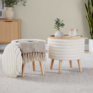 English Elm Contemporary Faux Fur Storage Ottoman Set with Wooden Legs for Living Room Decor Cream B202P291014