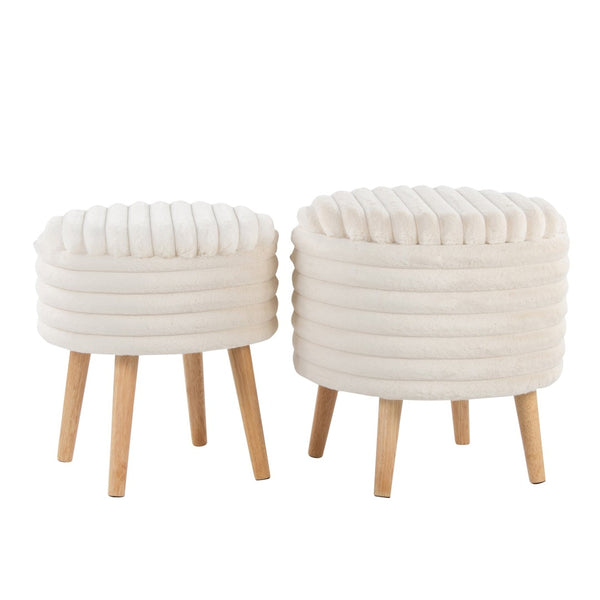 English Elm Contemporary Faux Fur Storage Ottoman Set with Wooden Legs for Living Room Decor Cream B202P291014
