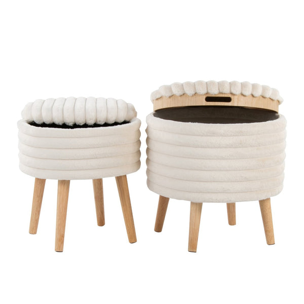 English Elm Contemporary Faux Fur Storage Ottoman Set with Wooden Legs for Living Room Decor Cream B202P291014