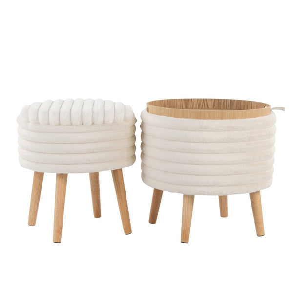English Elm Contemporary Faux Fur Storage Ottoman Set with Wooden Legs for Living Room Decor Cream B202P291014