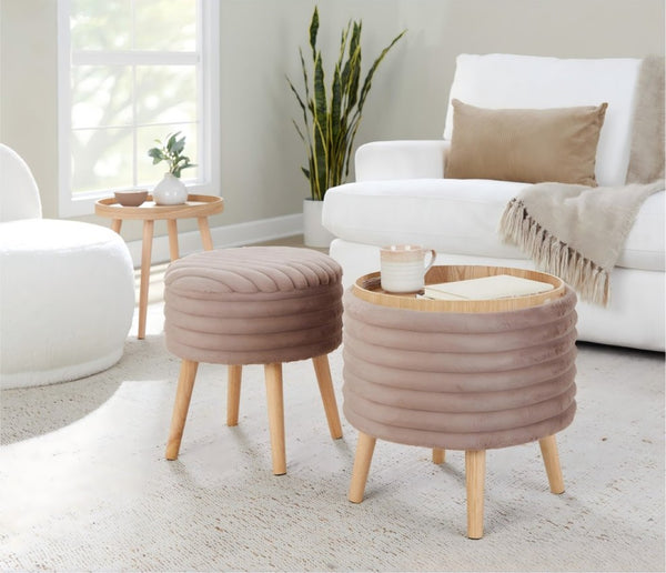 English Elm Contemporary Faux Fur Storage Ottoman Set with Wooden Legs for Living Room Decor Brown B202P291015