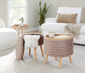 English Elm Contemporary Faux Fur Storage Ottoman Set with Wooden Legs for Living Room Decor Brown B202P291015