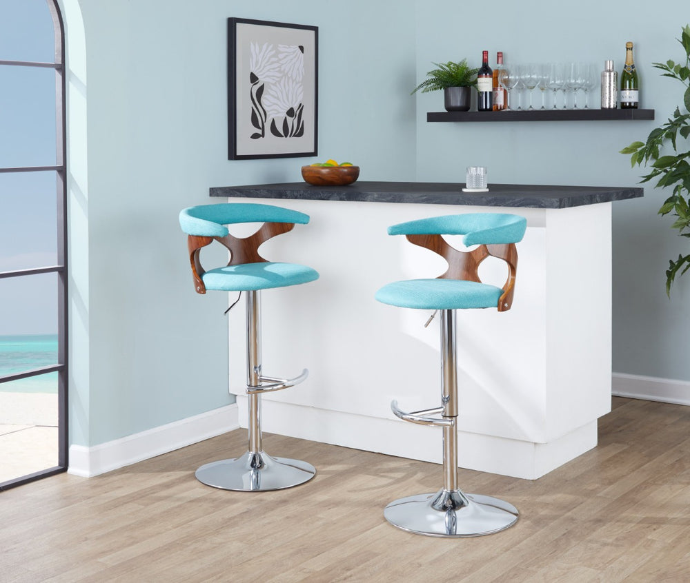 English Elm Mid-Century Swivel Barstool Walnut Frame Cushioned Seat Adjustable Height Kitchen Island B202P291032