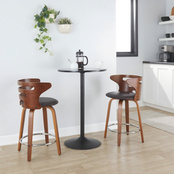 English Elm 24" Mid-century Swivel Counterstools Walnut Bentwood Legs Faux Leather Seat Set of 2 B202P291045