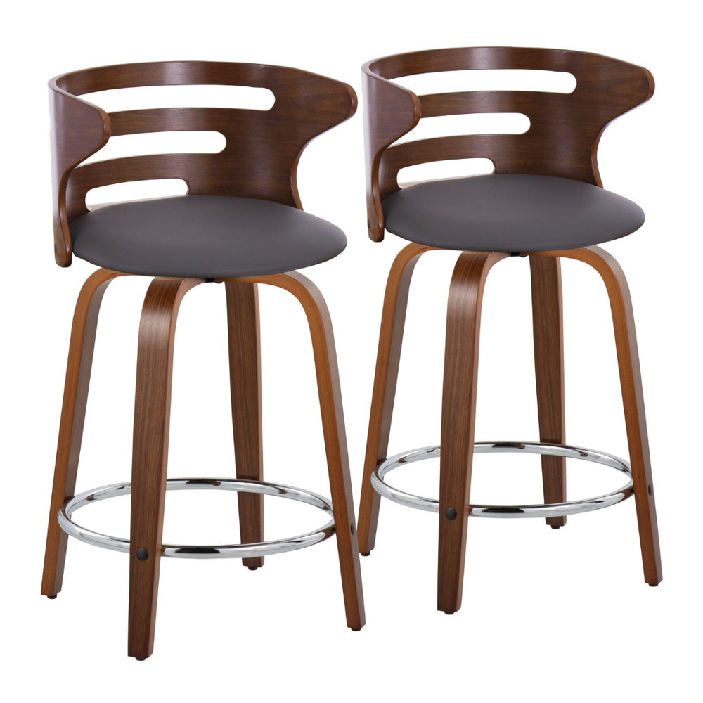 English Elm 24" Mid-century Swivel Counterstools Walnut Bentwood Legs Faux Leather Seat Set of 2 B202P291045
