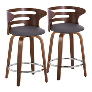 English Elm 24" Mid-century Swivel Counterstools Walnut Bentwood Legs Faux Leather Seat Set of 2 B202P291045