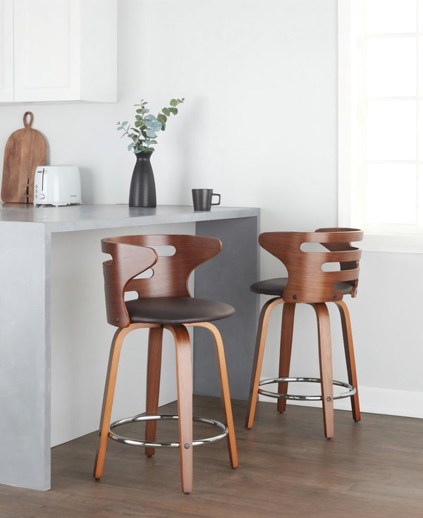 English Elm 24" Mid-century Swivel Counterstools Walnut Bentwood Legs Faux Leather Seat Set of 2 B202P291045