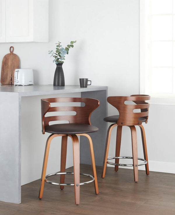English Elm 24" Mid-century Swivel Counterstools Walnut Bentwood Legs Faux Leather Seat Set of 2 B202P291045