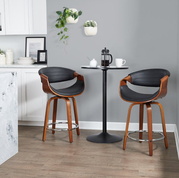 English Elm 24 Inch Mid-Century Counter Stools Walnut Bentwood Swivel Faux Leather Set of 2 Black B202P291049
