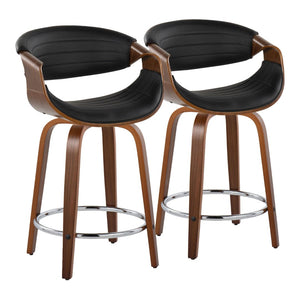 English Elm 24 Inch Mid-Century Counter Stools Walnut Bentwood Swivel Faux Leather Set of 2 Black B202P291049
