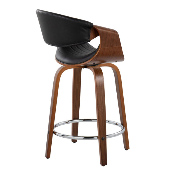 English Elm 24 Inch Mid-Century Counter Stools Walnut Bentwood Swivel Faux Leather Set of 2 Black B202P291049