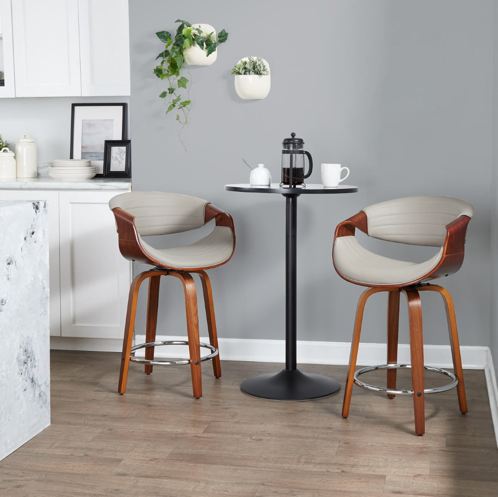 English Elm 24 Inch Mid-Century Counter Stools Walnut Bentwood Swivel Faux Leather Set of 2 Gray B202P291050