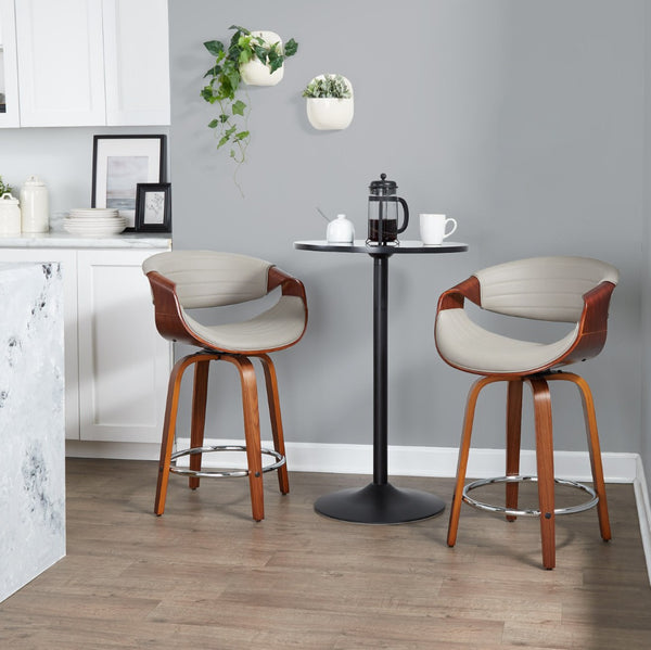 English Elm 24 Inch Mid-Century Counter Stools Walnut Bentwood Swivel Faux Leather Set of 2 Gray B202P291050