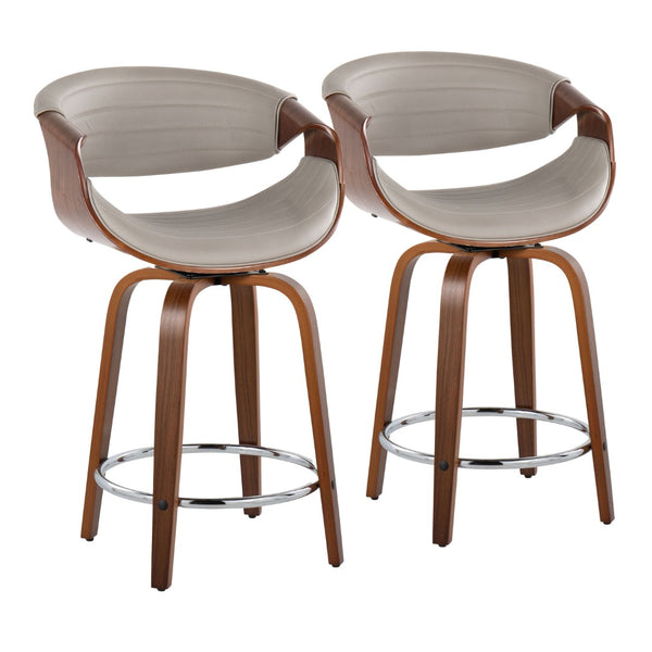 English Elm 24 Inch Mid-Century Counter Stools Walnut Bentwood Swivel Faux Leather Set of 2 Gray B202P291050