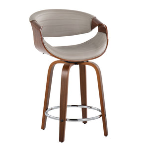English Elm 24 Inch Mid-Century Counter Stools Walnut Bentwood Swivel Faux Leather Set of 2 Gray B202P291050