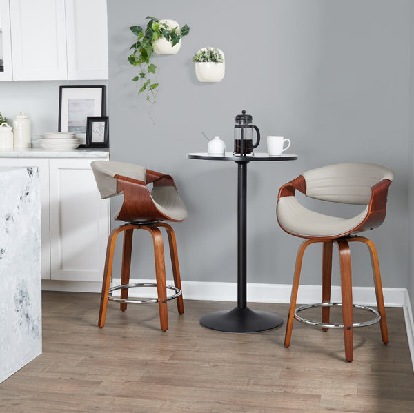 English Elm 24 Inch Mid-Century Counter Stools Walnut Bentwood Swivel Faux Leather Set of 2 Gray B202P291050