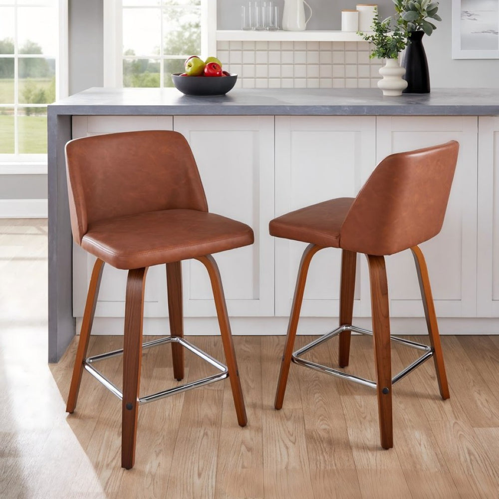 English Elm 24 Inch Mid-Century Swivel Counterstools with Walnut Legs and Camel Faux Leather Set of 2 Chrome B202P291053