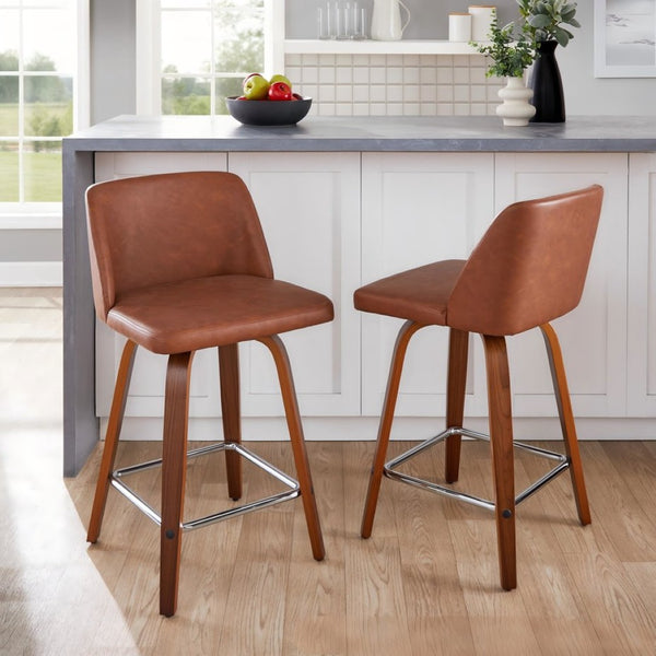 English Elm 24 Inch Mid-Century Swivel Counterstools with Walnut Legs and Camel Faux Leather Set of 2 Chrome B202P291053