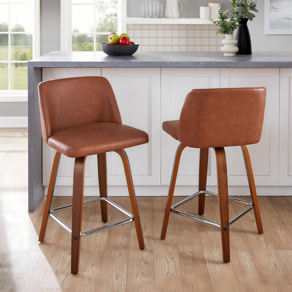 English Elm 24 Inch Mid-Century Swivel Counterstools with Walnut Legs and Camel Faux Leather Set of 2 Chrome B202P291053