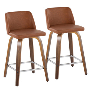 English Elm 24 Inch Mid-Century Swivel Counterstools with Walnut Legs and Camel Faux Leather Set of 2 Chrome B202P291053