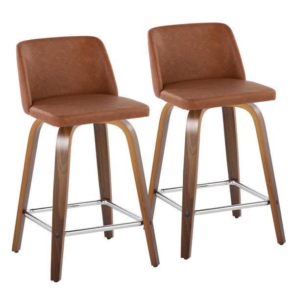 English Elm 24 Inch Mid-Century Swivel Counterstools with Walnut Legs and Camel Faux Leather Set of 2 Chrome B202P291053