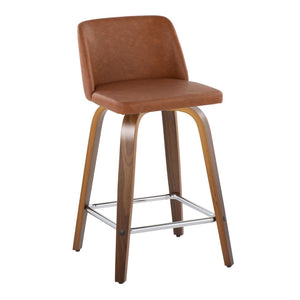English Elm 24 Inch Mid-Century Swivel Counterstools with Walnut Legs and Camel Faux Leather Set of 2 Chrome B202P291053