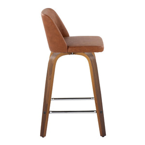 English Elm 24 Inch Mid-Century Swivel Counterstools with Walnut Legs and Camel Faux Leather Set of 2 Chrome B202P291053