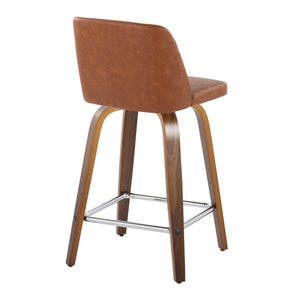 English Elm 24 Inch Mid-Century Swivel Counterstools with Walnut Legs and Camel Faux Leather Set of 2 Chrome B202P291053