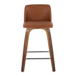 English Elm 24 Inch Mid-Century Swivel Counterstools with Walnut Legs and Camel Faux Leather Set of 2 Chrome B202P291053