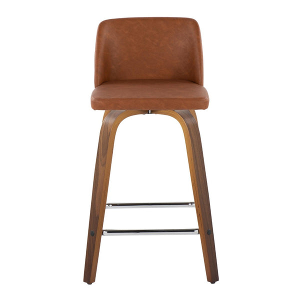 English Elm 24 Inch Mid-Century Swivel Counterstools with Walnut Legs and Camel Faux Leather Set of 2 Chrome B202P291053
