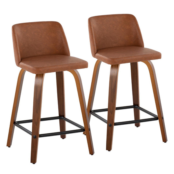 English Elm 24 Inch Mid-Century Swivel Counterstools with Walnut Legs and Camel Faux Leather Set of 2 Black B202P291054